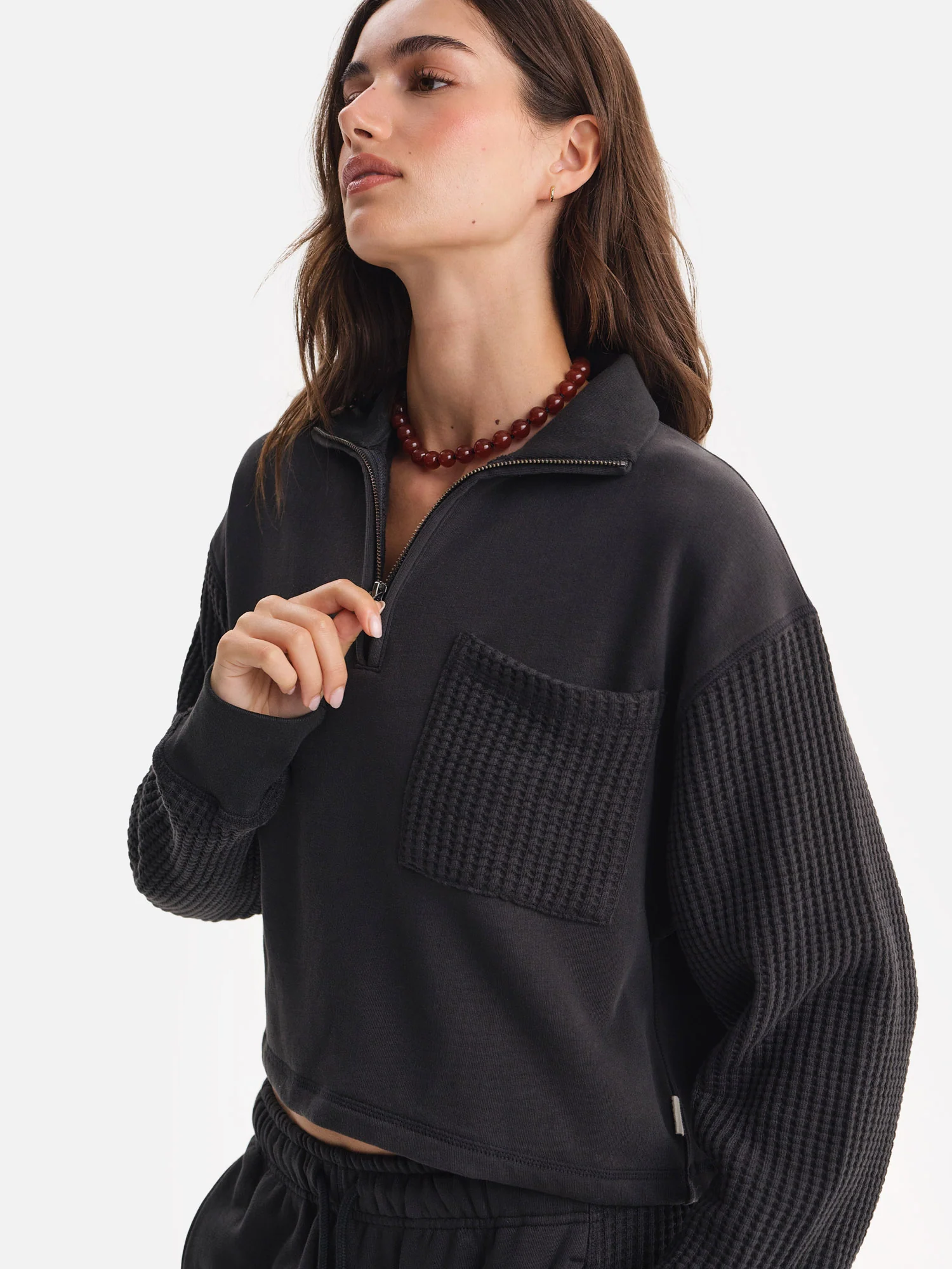 Organic Fleece and Waffle Cropped Half-Zip Sweatshirt - Image 3